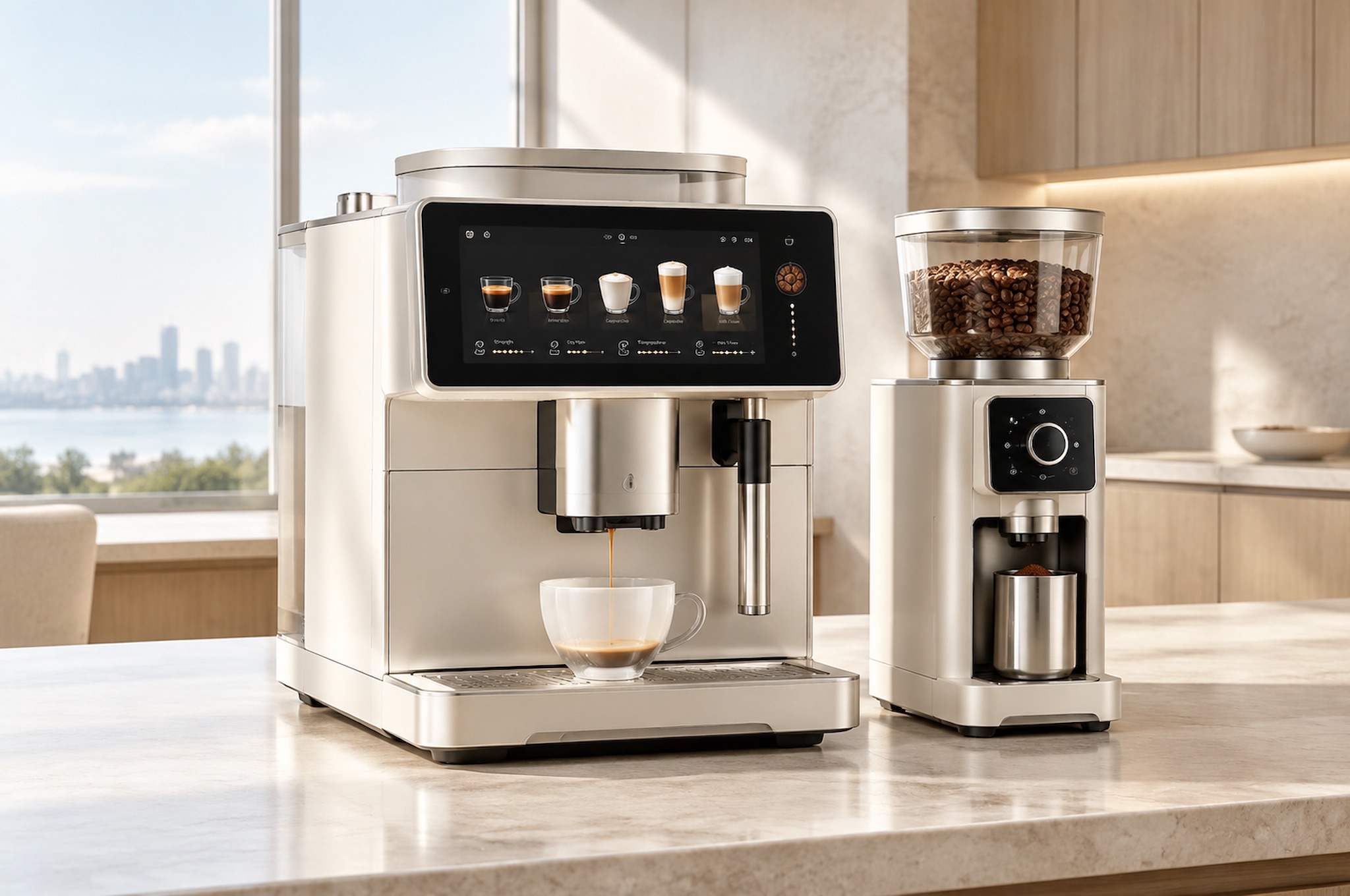 Premium smart coffee appliance and grinder in a bright contemporary interior
