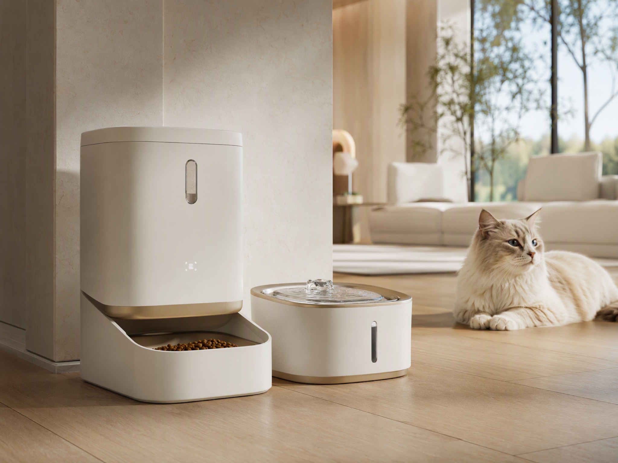 Premium smart pet feeder and water system in a modern home